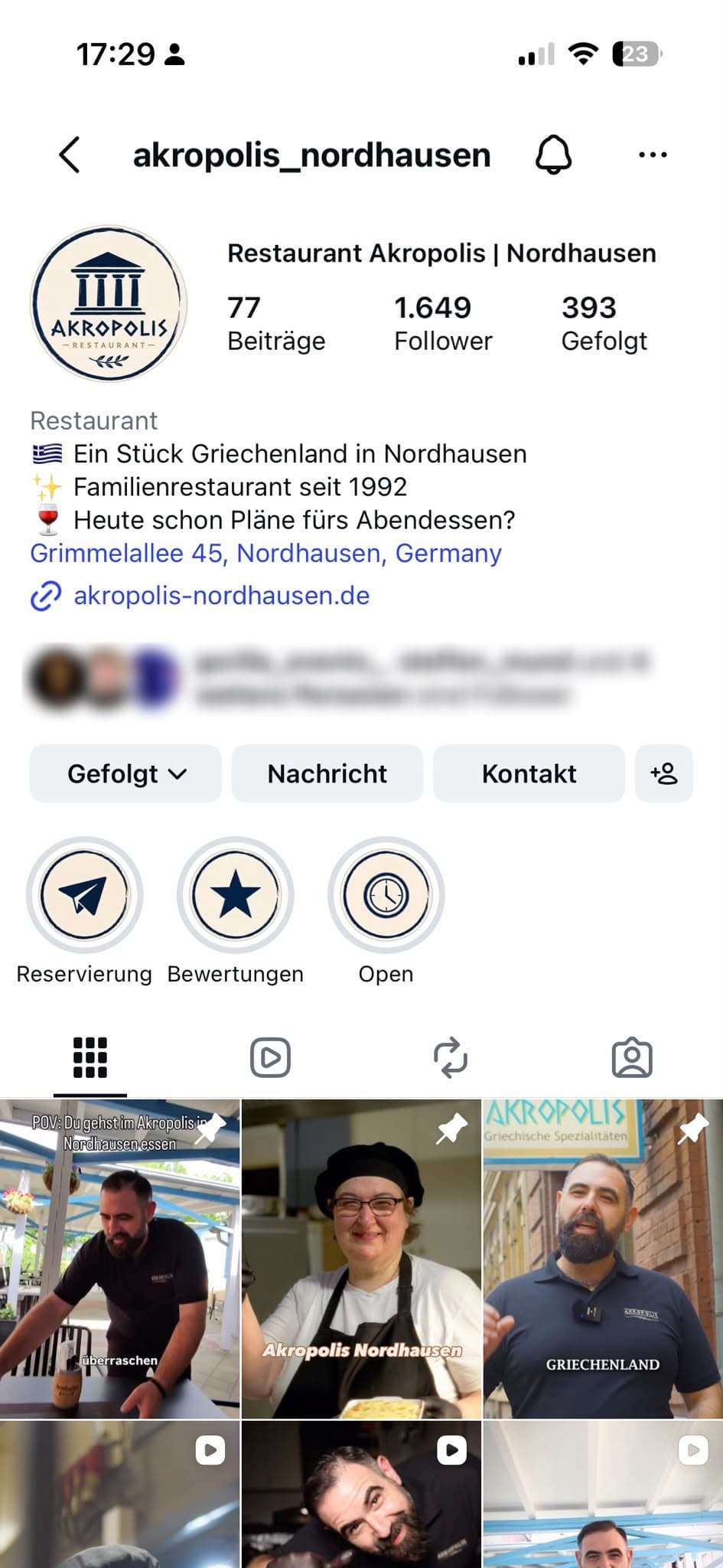 Späterer Screenshot des Instagram-Profils von Restaurant Akropolis